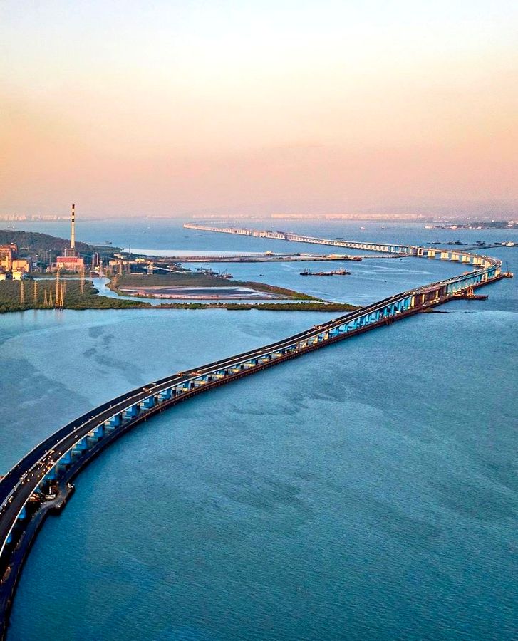 Aerial view of a major bridge crossing Mumbai harbour